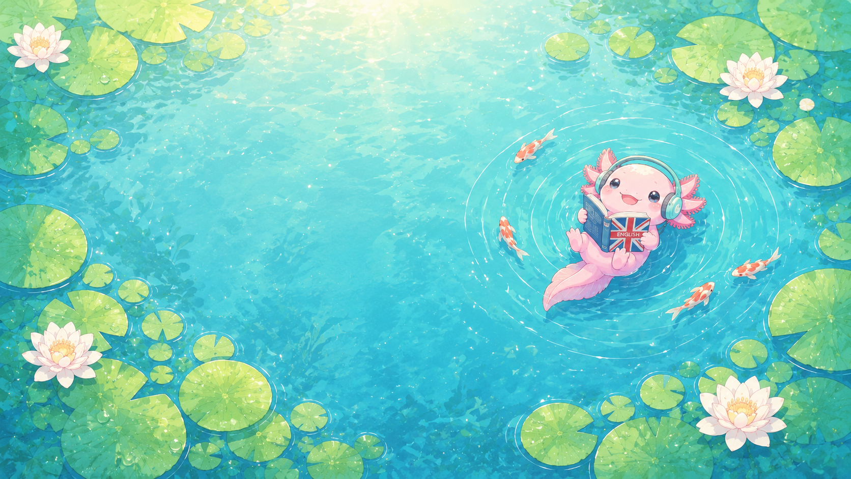 Axolotl reading an English book in a pond with lily pads